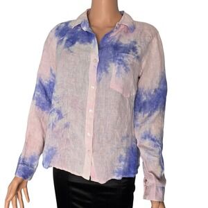 Kyla Seo Linen Tie Dye Button Down Shirt Large Blue Pink Long Sleeve New Coastal